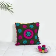 16" Cotton Cushion Cover Wool Hand Embroidery Suzani Art Boho Decor Pillow Black