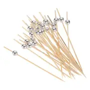 Bamboo Cocktail Toothpicks Silver Pearl Bead Drink Picks Skewer 100Pcs
