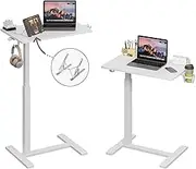 Gamork Gas Spring Adjustable Height Rolling Portable Laptop Desk, Mobile Standing Desk on Wheels, Small Sit Stand Desk with Laptop Stand/Cup Holder/Hook (White, 26"x19")