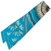 Hermes Scarf Maxi Twilly Peacock Feather All-Over Pattern Logo Silk Blue