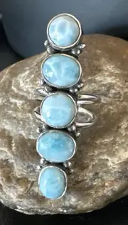 WoMens Cluster Blue Larimar Navajo Sterling Silver Ring Size 7.5 15942