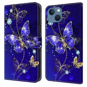 For iPhone 14 PU Leather Case 3D Pattern Printed Stand Flip Wallet Phone Cover - Diamond Butterfly