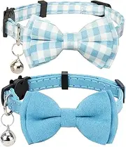 Cat Collar with Bell Boy Girl Kitten Bow Tie Safety Breakaway Plaid Solid Color Gift Set Cute Festive [2pcs] Blue