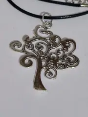 SILVER TREE OF LIFE PENDANT ON 2mm BLACK LEATHER CORD, LOBSTER CLASP.