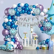 LDFWAYAU 123Pcs Frozen Balloon Garland Arch Kit, White Blue Metallic Purple Latex Balloons, Snowflake Foil Balloons Happy Birthday Banners for Baby Shower Birthday Party Decorations (Frozen)