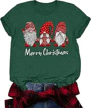 [Atherwwus] Women Merry Christmas Shirts Gnome Xmas Buffalo Plaid Tree Shirt Top Casual Graphic Print T Shirt