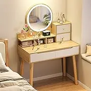 Makeup Vanity Table,Dressing Table with Mirror & Cosmetic Bag,Vanity Desk with Cubby & Shelf,3 Lighting Modes,Dressing Room(Light Color,Without Chair)