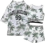 [COOLOYA] Girl's 3 Piece Set Coconut Tree Print Criss Cross Waist Bikini Sets with Cover Up Hoodies