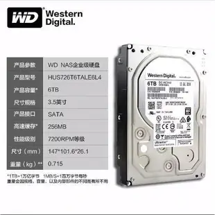WD/西數 HUS726T6TALE6L4 6TB企業級硬碟7200轉256M 6T伺服器