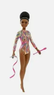 Barbie Rhythmic Gymnast Brunette 11" Doll Metalic Leotard 2 Batons & Ribbon