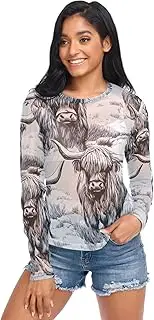 [RPLIFE] Highland Cattle Gray Transparent Shirts for Women, Long Sleeve Party Tops S-XXL