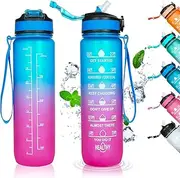 Avyli Sports Water Bottles, 1L, BPA Free, Leak Proof, Tritan Plastic, with Time Marker and Straw, for Gym, Outdoor, Running, Cycling, Hiking (Blue Purple)