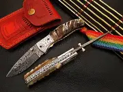 Handmade Damascus Folding Knife Engraved Bolster Sheep Horn