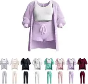 [Generic] Plush and Comfortable Ladies' Home Clothes Autumn Suits Casual Pajamas Set Comfortable Knitted Suit 3/4 Pieces, Light Purple-3, Small