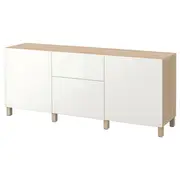 BESTÅ storage combination with drawers, white stained oak effect/Selsviken/Stubbarp high-gloss/white, 180x42x74 cm
