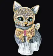 Rascal Kitty Hello CAT Green EYES Collar BOW Enamel Rhinestone MEOW Brooch