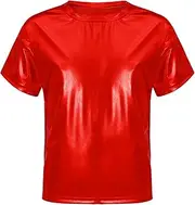 [Hedmy] Kids Boys Girls Shiny Metallic T-Shirts Short Sleeve Modern Jazz Hip Hop Dance Party Performance Tops