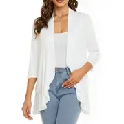 Women's Three Quarter Sleeves Ruffles Open Front Cardigans - White