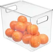 mDesign Plastic Food Storage Container Bin with Handles - for Kitchen, Pantry, Cabinet, Fridge/Freezer - Slim Organizer for Snacks, Produce, Pasta - BPA Free, Food Safe - 10" x 6.5" x 8", Clear