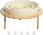 Slow Merging Bowl for Dogs - Non-Slip Ceramic Bowl with Raised Wooden Support | Controlled Power Supply Accessories Reduce Clumsiness, Useful for Small Dogs