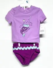 Carters size 6 Months Purr-Maid Rash Guard 2-Pc Swimsuit Purple Cat Mermaid New