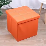 Hbluefat 15 Inches Small Folding Storage Ottoman Cube, Faux Leather Storage Footrest, Rest Padded Seat, for Living Room, Bedroom (55L,Orange)