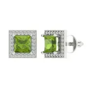 2.3 Princess Round Cut Halo Natural Peridot Stud Earrings Solid 14k White Gold
