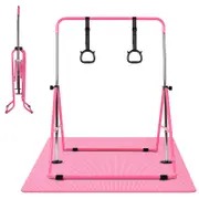 Advwin Foldable Gymnastics Bar with Mat & Rings, Adjustable Height & 70KG Max Load, Pink