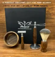 Brown Badger Hair Shaving Brush Complete Set With 3 Edge Safety Razor For Men