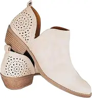 [JITUUE] Ankle Boots for women Casual Cut Out Slip On Low Heel Short Chunky Stacked Heel Perforated Side V Cut Western Booties Cutout Shoes