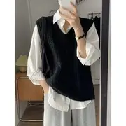 V-Neck Sweater Vest / Collared Plain Shirt Vest - Black - XL