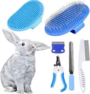 6-Piece Small Animal Grooming Set with Hair Remover, Nail Clipper, Flea Comb, Shampoo Brush for Rabbit, Hamster, Guinea Pig (Blue, One size)