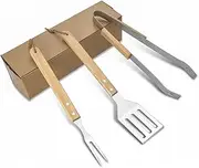 domoi 3PCS Wooden Handle Shovel Fork BBQ Barbecue Set Grill Household Barbecue Clip Outdoor Barbecue Tools