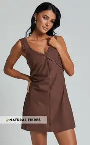 Lauryn Mini Dress - Linen V Neck A Line Dress in Chocolate
