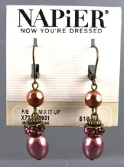 New Nos Vtg NAPIER DANGLE BEADED EARRINGS Bronze Dark Pink RHINESTONES PEARLS