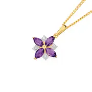 9ct Gold Amethyst & Diamond Flower Pendant in Purple