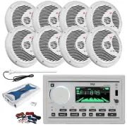 Pyle Marine Bluetooth Receiver, 8x 6.5'' 150W White Speakers, Amp w/Kit, Antenna