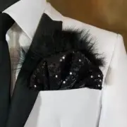NEW - Men's Black Sequin & Feather Formal Pocket Square Insert