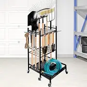 KitchEss Garden Tool Organizer with Wheels, Garage Storage Racks with Garage Hooks, Metal Yard Tool Stand Holder, Garage Tool Organiser for Long-Handled, Broom, Shovel, Rake