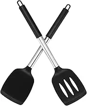 Pack of 2 Silicone Solid Turner Spatulas, Heat Resistant & Non-Slip Handle, Easy to Clean, Non-Stick Kitchen Utensils for Frying Pan, Fish, Eggs, Pancakes - BPA Free & Food-Grade Safe (Black)