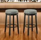 Set of Two 30" Gray and Espresso Faux Leather and Solid Wood Backless Bar Hei...