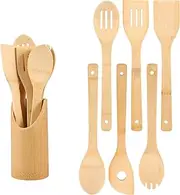7Pcs Wooden Cooking Utensils Set with Bamboo Organizer Kitchen Utensil Set Comfort Grip Natural Bamboo Kitchen Cooking Tool for Nonstick Cookware and Pan (Wood, 7pcs)
