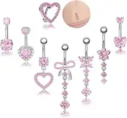 [FIRSAUKI] Belly Button Ring Pink 14G Surgical Stainless Steel Dangle Belly Button Rings Navel Belly Piercing Jewelry Cute CZ Heart Butterfly Bow Flower Navel Belly Rings for Women