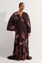 Plus Size Drama Kimono Sleeve Printed And Beaded Woven Maxi Dress