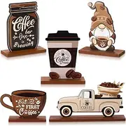 Blulu 5 Pieces Coffee Bar Decor Sign Farmhouse Coffee Bar Wood Signs Rustic Coffee Wooden Table Centerpiece Coffee Tiered Tray Decor Table Signs for Home Kitchen Coffee Station Decorations