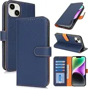 for iPhone 13 iPhone14 Case Genuine Leather Wallet for iPhone 14 iPhone13 SunYoo Case Folio Porte Feuille Coque ?tui funda Portefeuille Femmes Homme RFID Blocking Magnetic Book Flip Cover Blue Orange