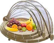 3 Pcs Food Serving Tent Basket, Portable Woven Picnic Basket, Bamboo Basket With Dish Mesh Cover, Keep Out Flies, Bugs, Mosquitoes, Suitable for Parties, Picnics, BBQ, Kitchen