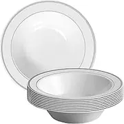 Kaya White Plastic Soup Bowl - 12 oz | Silver Edge Rim | Pack of 10