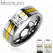 8mm Gold Plated with Emerald cut CZ Stone Two Tone Ring Solid Titanium