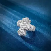 Baguette & Round Cut Natural Moissanite Cross Men's Ring In 925 Sterling Silver